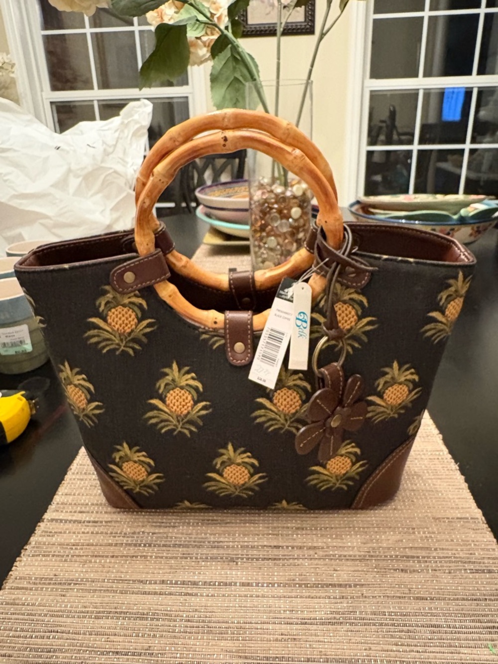 Madison studio canvas pineapple bag with faux leather trim, NWT